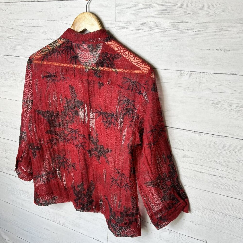 Chicos Blouse Womens SZ 1 / M Red, Black & White Floral Bamboo Print Linen Blend - Picture 11 of 15
